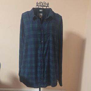 J Crew Boy Fit Cotton Navy and Blue Plaid Button Down Shirt Size XL